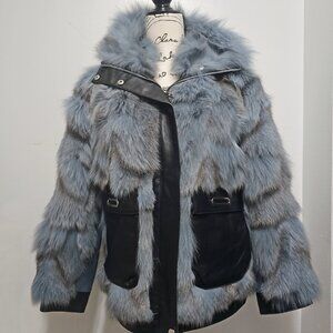 Misty Slate Blue Grey Navy Pieced Fox Fur Coat Motorcycle Jacket Zipped No Mink